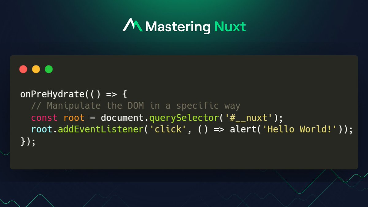 MasteringNuxt's tweet image. If you want to run code on the client before @nuxt_js does any initialization, use the `onPreHydrate` composable.

This lets you manipulate the DOM or add event listeners using only vanilla JavaScript: