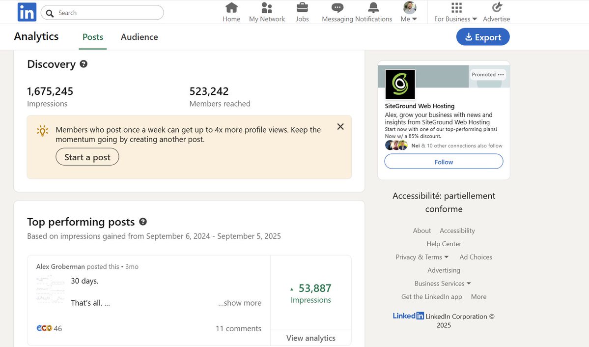 AlexGroberman_'s tweet image. I created my LinkedIn 39 weeks ago. 
Easiest algorithm to crack by a country mile.
Since then I have added $70,000 to my agency pipeline, generated five figures this month for SEO Stuff, built 7,300+ connections, logged 1,675,245 impressions, and reached 523,242 members.
Steal…