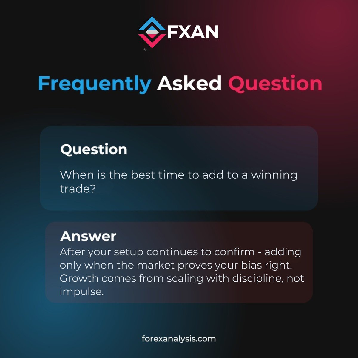 fxanalgo's tweet image. 💡 FAQ Time! 💡
Best time to add to a winning trade?
🔥 When your setup keeps confirming-scale only when the market proves you right.
Discipline > impulse. 💼📊
👉 forexanalysis.com
#ForexTips #TradeManagement #SmartTrading