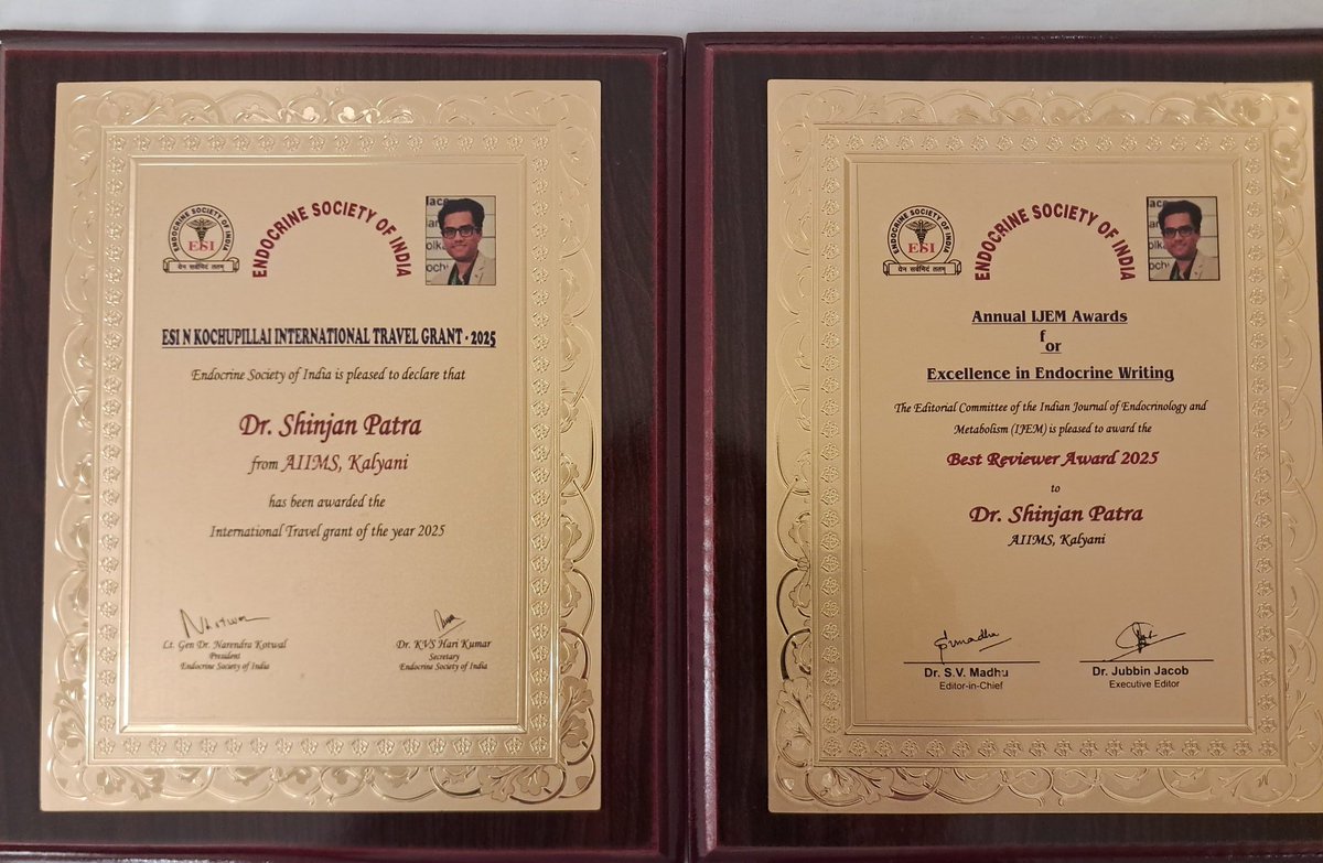 A couple of academic awards received in <a href="/IndiaESI/">Endocrine Society of India</a> Annual General Body meeting held during <a href="/ESICON2025/">ESICON2025</a>. 
Indebted to mentors and seniors for their constant encouragement and guidance. 
Gratitude to <a href="/IndiaESI/">Endocrine Society of India</a> and <a href="/j_metb/">Indian Journal of Endocrinology & Metabolism</a> for recognizing the work.