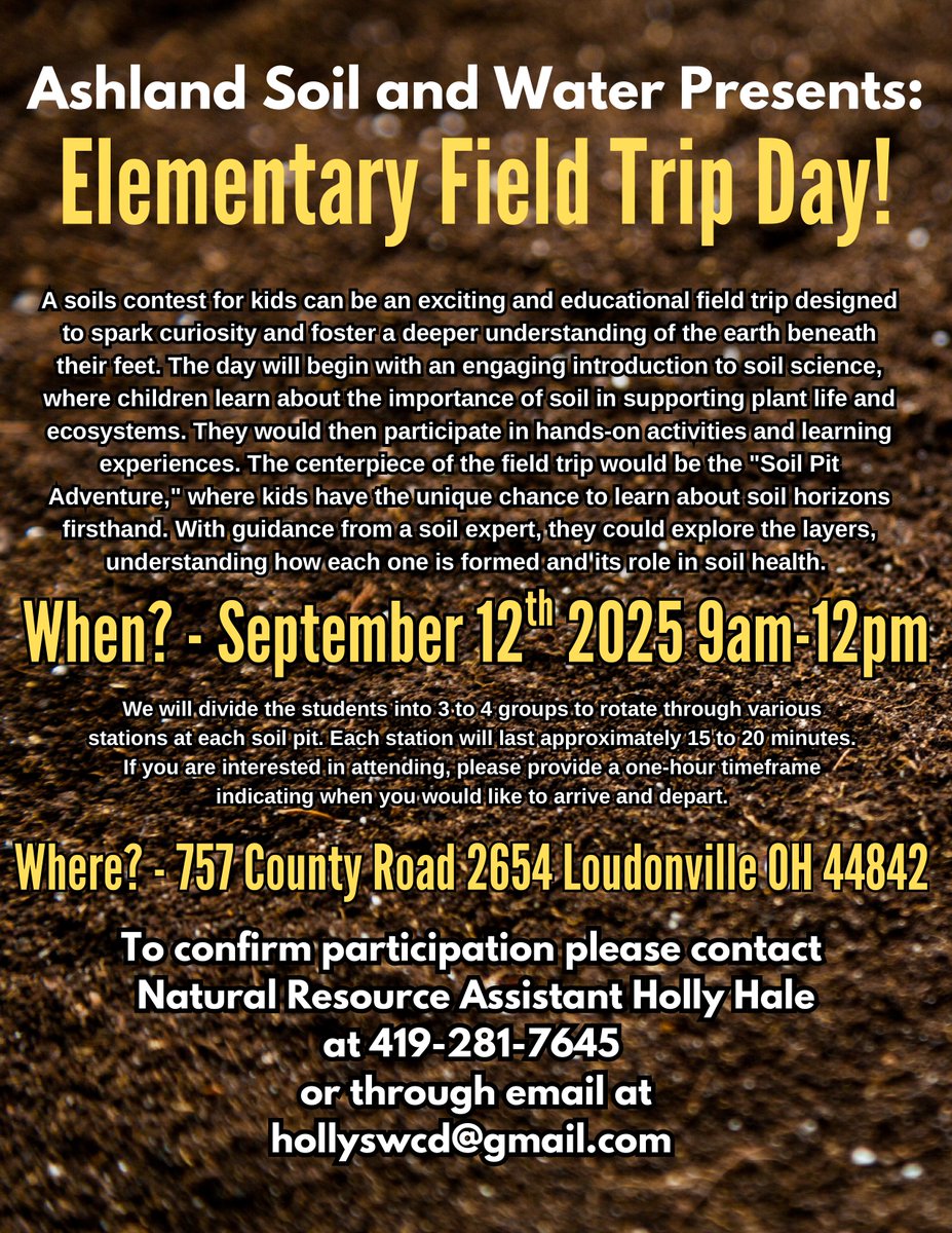 AshlandSWCD's tweet image. Hey there, dirt diggers! 🌱🕵️‍♂️ Don&apos;t miss out on our totally fab Dirt on Dirt field trip on September 12th. Get ready to get dirty and discover the world beneath your feet! #SoilScientists #DiggingIt #FieldTripFun