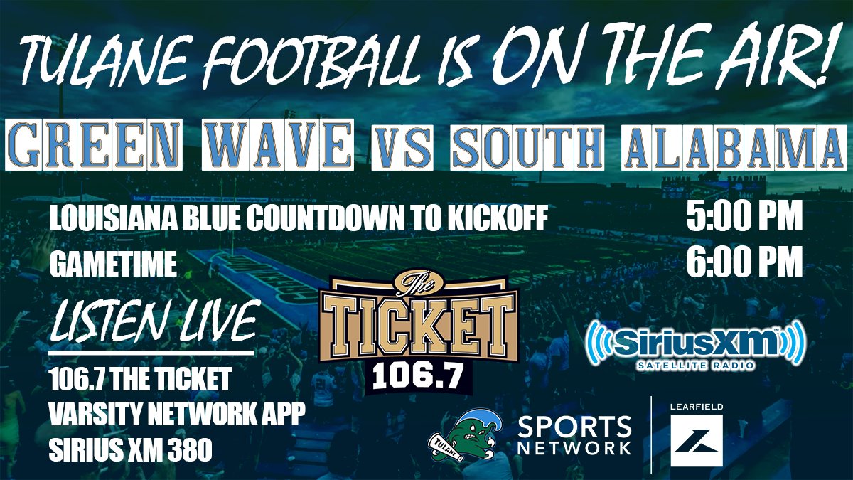 🚨GAMEDAY🚨

Tulane Football takes on South Alabama tonight!

Louisiana Blue Countdown: 5:00 PM
Kickoff: 6:00 PM

Listen LIVE on 106.7 The Ticket, Varsity Network App &amp; SiriusXM 380

<a href="/CoreyGloor/">Corey Gloor</a> 
<a href="/MaddyHudak_94/">Maddy Hudak</a> 
<a href="/GreenWaveFB/">Tulane Football</a> 
<a href="/LEARFIELDAudio/">LEARFIELD Audio</a> 

#RollWave 🌊 | #Tulane