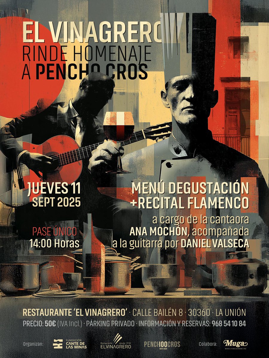 🍷 El Vinagrero rinde homenaje a #PenchoCros 

El jueves 11 de septiembre de 2025, a las 14:00h, vive una experiencia única

Menú degustación+Recital flamenco con la cantaora Ana Mochón y la guitarra de Daniel Valseca

¡Reserva ya!
#Flamenco