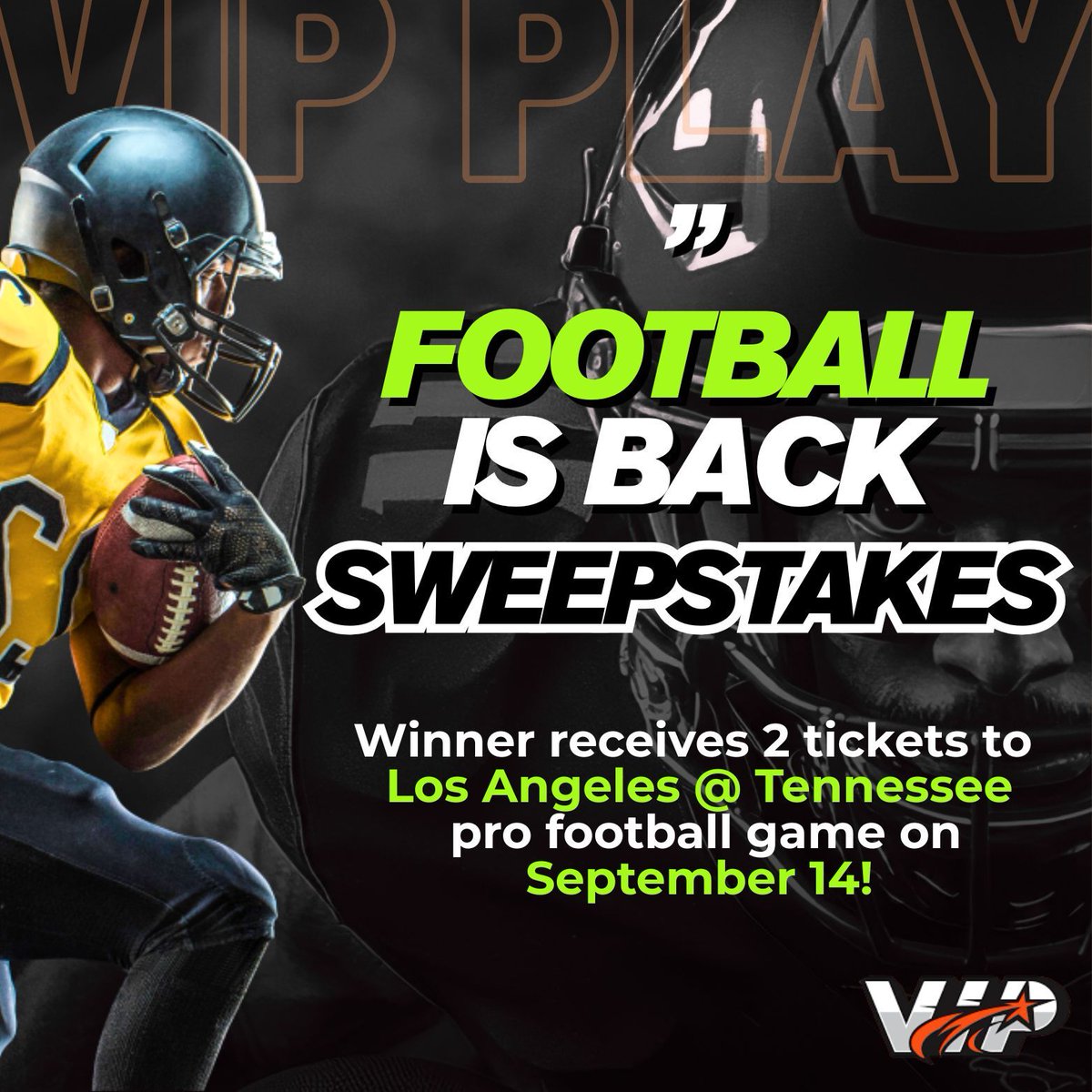 We are giving away 2 tickets to the LAR at TEN pro football game on Sept 14! 

How to enter:
1. Follow us @vipplaytn
2. Repost this
3. Fill out the form below

Winner announced on Sept. 12!

Rules: vipplayapp.com/sweepstakes 
Must be 21+ to enter &amp; in an eligible state. Sweepstakes