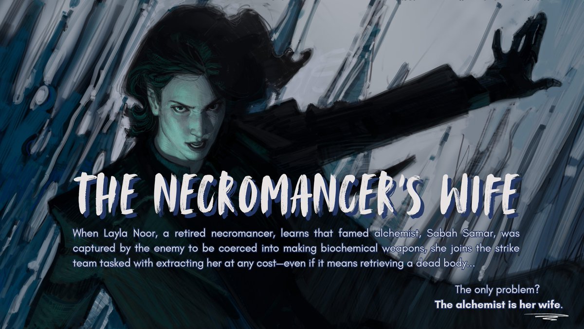 Meet Layla, our titular necromancer💀

THE NECROMANCER’S WIFE

🏳️‍🌈wlw+queer chars (#sapphic MCs)
💀retired necromancer🩷💜💙
⚗️missing alchemist🧡🤍🩷
🪄magical intrigue
🚂dieselpunk

✨FULLMETAL ALCHEMIST x SAVING PRIVATE RYAN x THE LOCKED TOMB✨