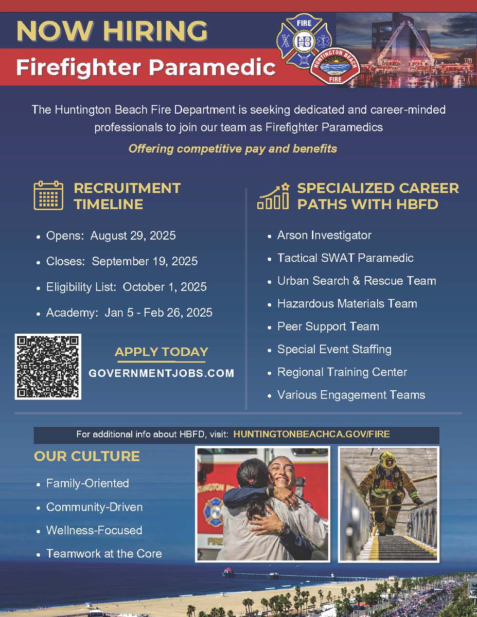 We’re hiring! The HBFD is now recruiting Firefighter Paramedics through Sept 19. Join a team that’s family-oriented, community-driven, &amp; wellness-focused—all while serving the Surf City community. 

Apply today &amp; start your career with HBFD by applying @ bit.ly/CityofHBCareer.