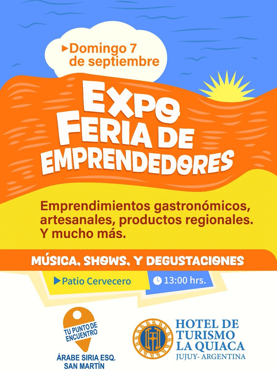 📣 La Quiaca vibra con la Expo Feria de Emprendedores

Este domingo 7 de septiembre nos encontramos en el Patio Cervecero desde las 13:00 hs para vivir una jornada única con:
🍲 Emprendimientos gastronómicos
🎨 Artesanías y productos regionales
🎶 Música, shows y degustaciones