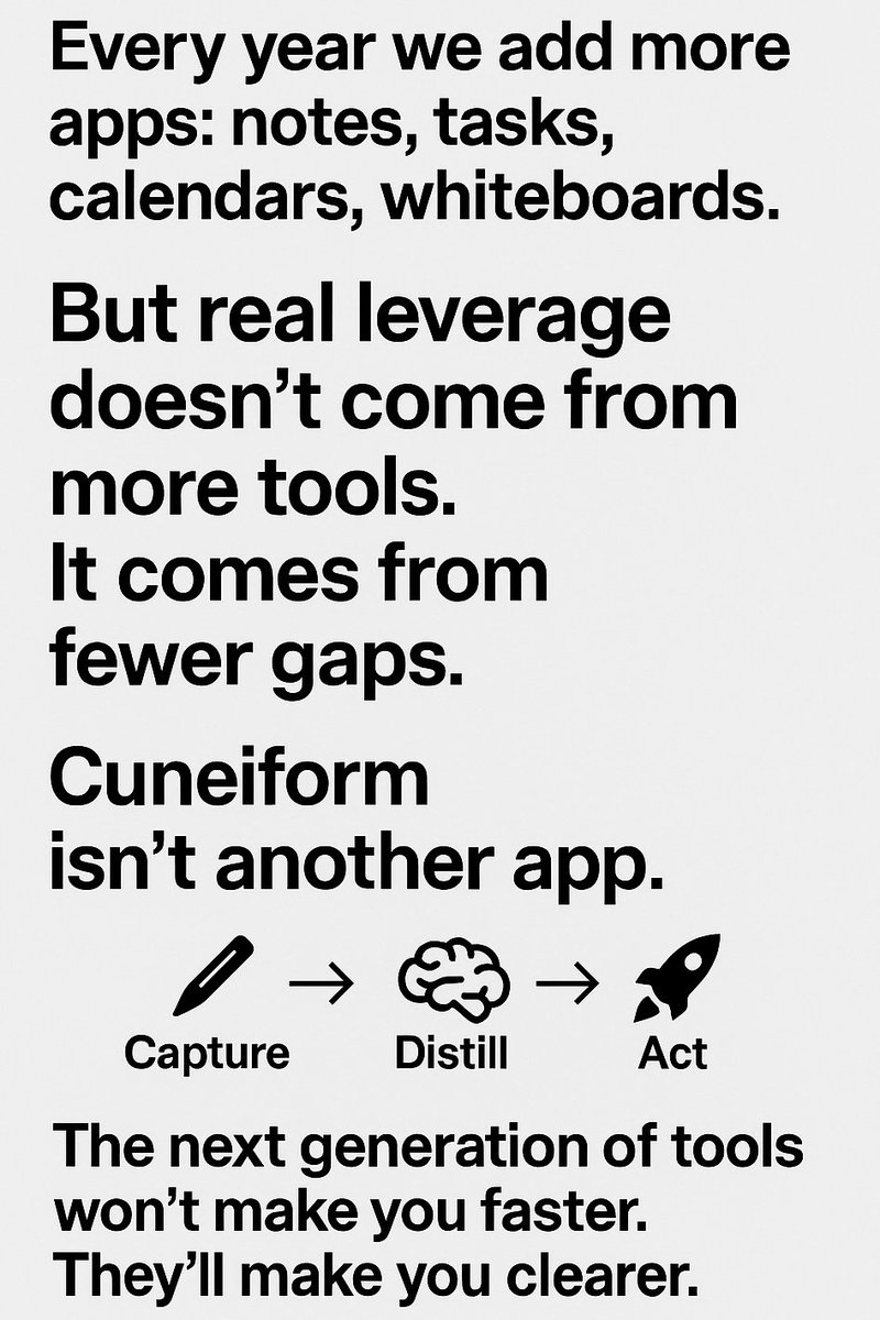 CuneiformAI's tweet image. Every year we add more apps: notes, tasks, calendars, whiteboards.
But real leverage doesn’t come from more tools.
It comes from fewer gaps.

Cuneiform isn’t another app.
It’s the connective tissue that closes the loop:
✍️ Capture → 🧠 Distill → 🚀 Act.

The next generation of…