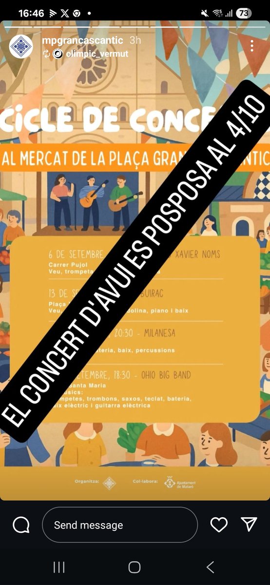 🚨Per causes alienes a l'organització el concert d'avui amb Xavier Noms es posposa al dia 4 d'octubre a les 20.30h al Carrer D'en Pujol. Disculpeu les molèsties 😔