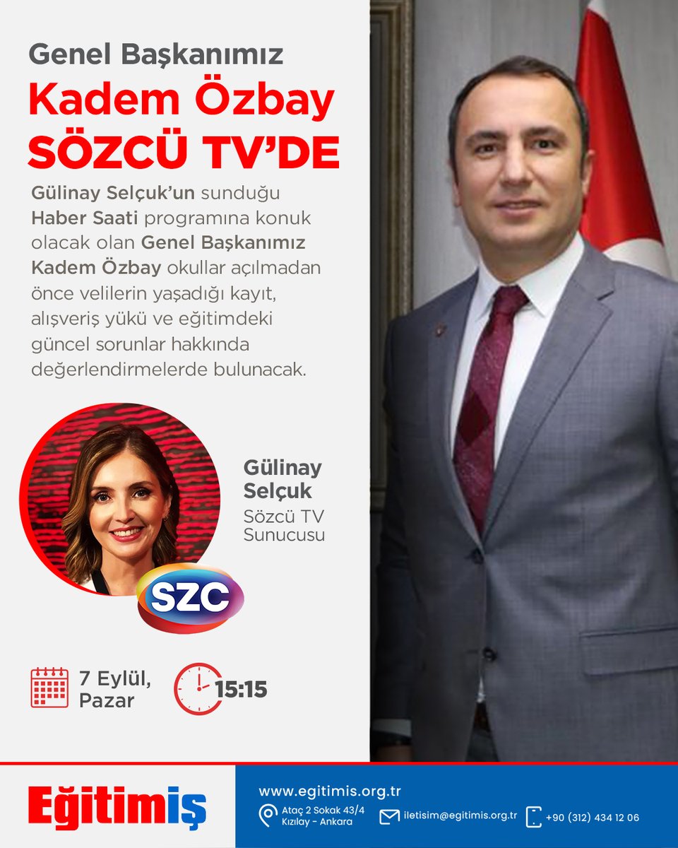 Gülinay Selçuk’un sunduğu Haber Saati programına konuk olacak olan Genel Başkanımız Kadem Özbay okullar açılmadan önce velilerin yaşadığı kayıt, alışveriş yükü ve eğitimdeki güncel sorunlar hakkında  değerlendirmelerde bulunacak.

<a href="/kademozbay_/">Kadem Özbay</a> 
<a href="/gulinayselcuk/">Gülinay Selçuk</a> 
<a href="/szctelevizyonu/">SÖZCÜ Televizyonu</a>