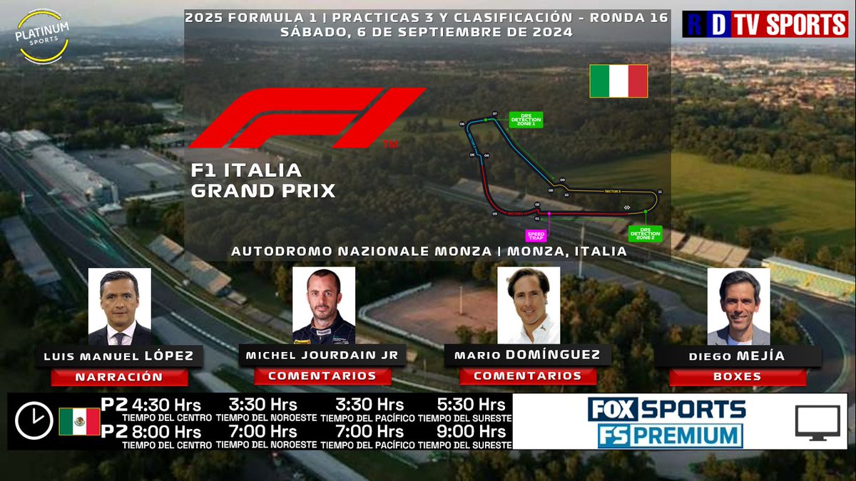 ramonovic09's tweet image. 🏁🇮🇹 #ItalianGP 2025 | #Practicas 3 y Clasificación

📅 Hoy
🏎️ #Practice3
🇲🇽⏰ 4:30 Hrs TC, 3:30 Hrs TP
🏎️ #Qualy
🇲🇽⏰ 8:00 Hrs TC, 7:00 Hrs TP
📺@FOXSportsMX, #FSPremiumMX
🎤 @chacho_lml
🎤📝 @MichelJourdain 
🎤📝 @SUPERMARIODOM 
🎤🏁@diegofmejia

🤳 #F1xFSMX #MonzaGP
