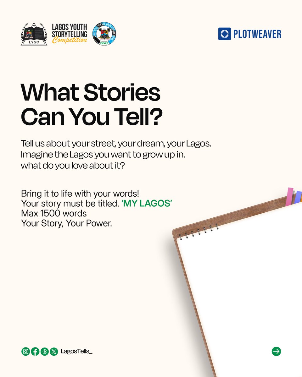 LagosTells_'s tweet photo. What kind of stories are we looking for in LYSC 2025?

* 1,500 words or less
* Original real or imagined story 
* Writers must be a secondary school student in Lagos State

Beyond the these essentials, want to read entries from;

✨ Storytellers who turn everyday Lagos moments into stories that make people stop, feel, and think.
✨ Truth-tellers brave enough to speak their Lagos, shine a light on what matters, and shape how we see our world 
✨Real voices who know the hustle, the chaos, the laughter, and want the world to hear it.

Your story could be about the vibes of your neighborhood and the resilience of its people.
Tell us what Lagos culture means to you; its food, music, and energy.

And don’t hold back; share your vision for the Lagos of tomorrow.

If it’s your story, it’s the story we want. 
Because your story is your power.

🖊️ Submit: https://t.co/qYXlT4gCY9
📲 Follow @LagosTells_ to see all updates

🔁 RETWEET until it finds the Lagos student whose story will win ₦3M + short film adaptation 

#LYSC2025 #YourStoryYourPower #MyLagosStory #LagosYouthStorytellingCompetition #Lagos