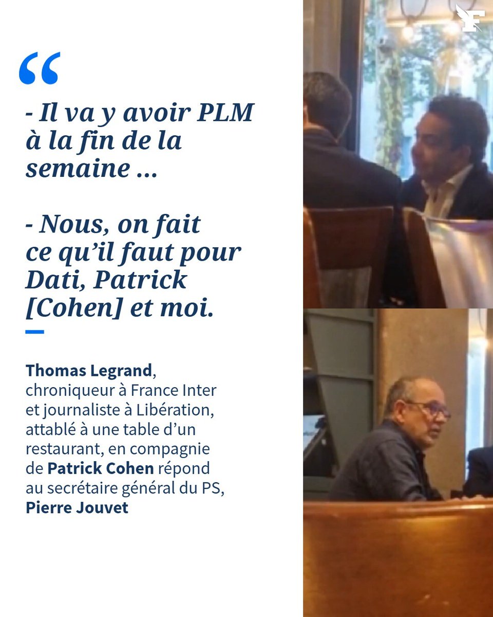 Le_Figaro's tweet photo. Une vidéo montre les journalistes Thomas Legrand et Patrick Cohen attablés avec deux responsables socialistes : Pierre Jouvet, secrétaire général du PS, et Luc Broussy, président du conseil national. →https://t.co/JIW53k2DaM https://t.co/h5ddI8pfZ7