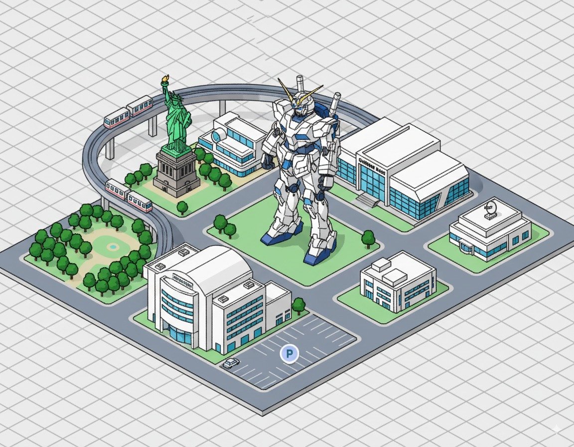 📝ヤバっ！Nano Banana楽しい！
Googleマップに赤ピン立てた場所をアイソメトリックで切り出せた

✅プロンプト 
「この場所を使って、ランドマークをアイソメトリック画像（建物のみ）にし、ゲーム『Theme Park』のスタイルで作成してください。」

これはお台場のユニコーンガンダム

詳細　👇️