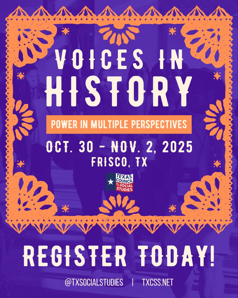 TxSocialStudies's tweet image. Networking + learning + innovation = the perfect formula for success! ✨ Excited to be attending the #TXCSS Convention in Frisco, TX. Let’s make some connections and grow together! #TXCSS2025
Register at txcss.net/conference