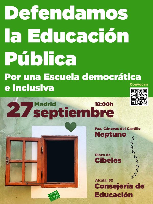 🟩🟢 27-9-2025
🟢🟩 Manifestación

“Defendamos la #EducaciónPublica”

‼️⚠️ CAMBIO DE HORA ⚠️‼️

⏰ 18 h

📍 Neptuno-Cibeles-Consejería de Educación (C/ Alcalá 32). 

📣 Convoca: Asamblea Marea Verde

mareaverdemadrid.blogspot.com/2025/07/27-9-2…

#EducaciónPública27S 

#DefendamosLaEducaciónPública27S