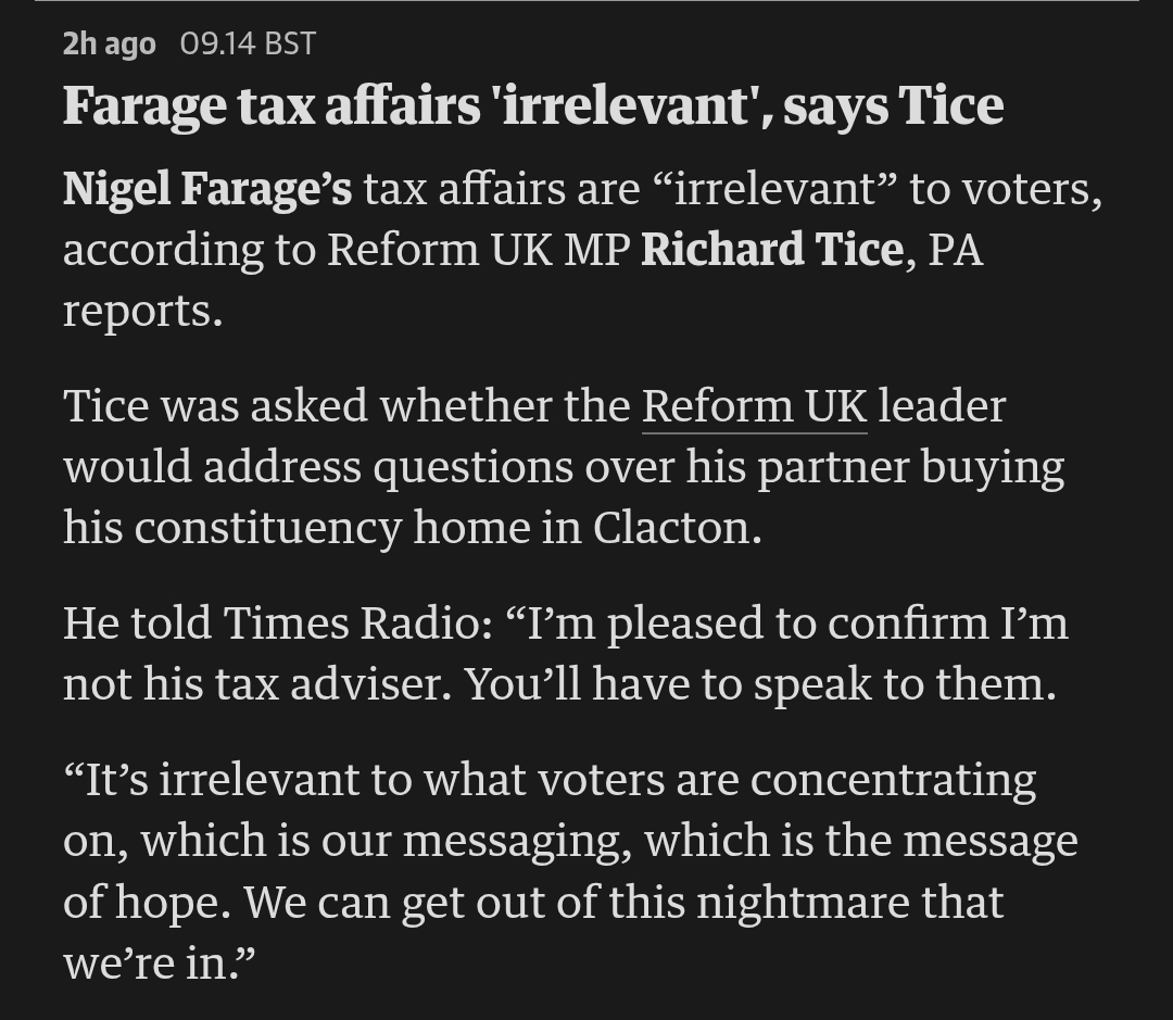 fiveandseven_4's tweet photo. Anyone care to explain this absolute bolox? I expect @AngelaRayner would like to know the difference between the salience of her tax affairs vs. @Nigel_Farage's #ReformUK https://t.co/0cPkOmvcHg