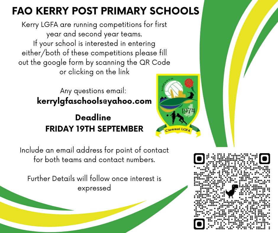 Kerry LGFA Post Primary Schools. Competition for 1st years &amp; 2nd years. Deadline for registration Friday 19th September. Scan the QR Code or click on the link 👇
forms.office.com/e/vrwecPC4Qk
