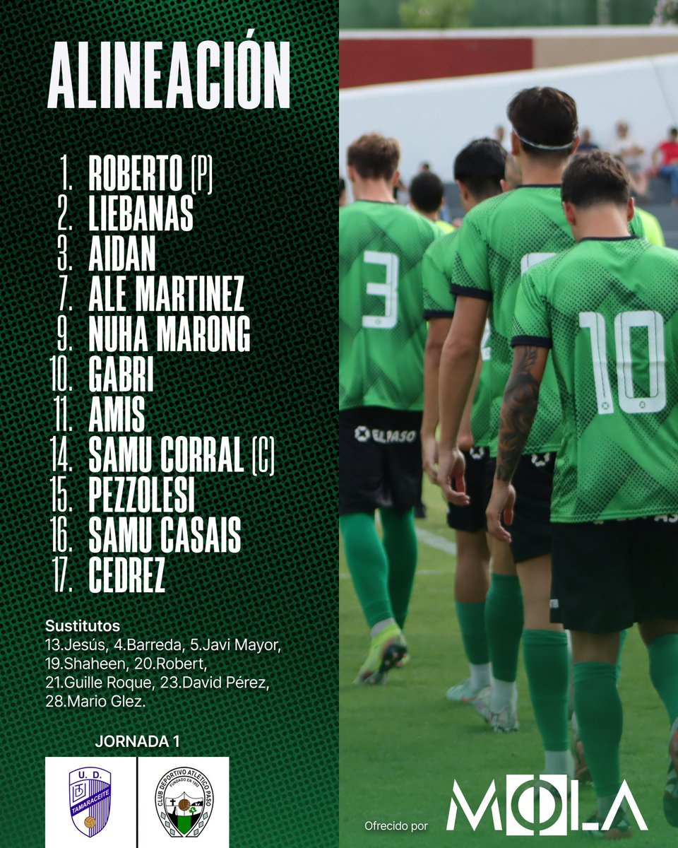 ¡Nuestro primer once de la liga!

Estos serán los que saltarán de inicio al césped del Juan Guedes.

Ofrecido por: MOLA REFRIGERACION

💚¡VAMOS VERDITOS!🖤

#atleticopaso #YoMeQuedo