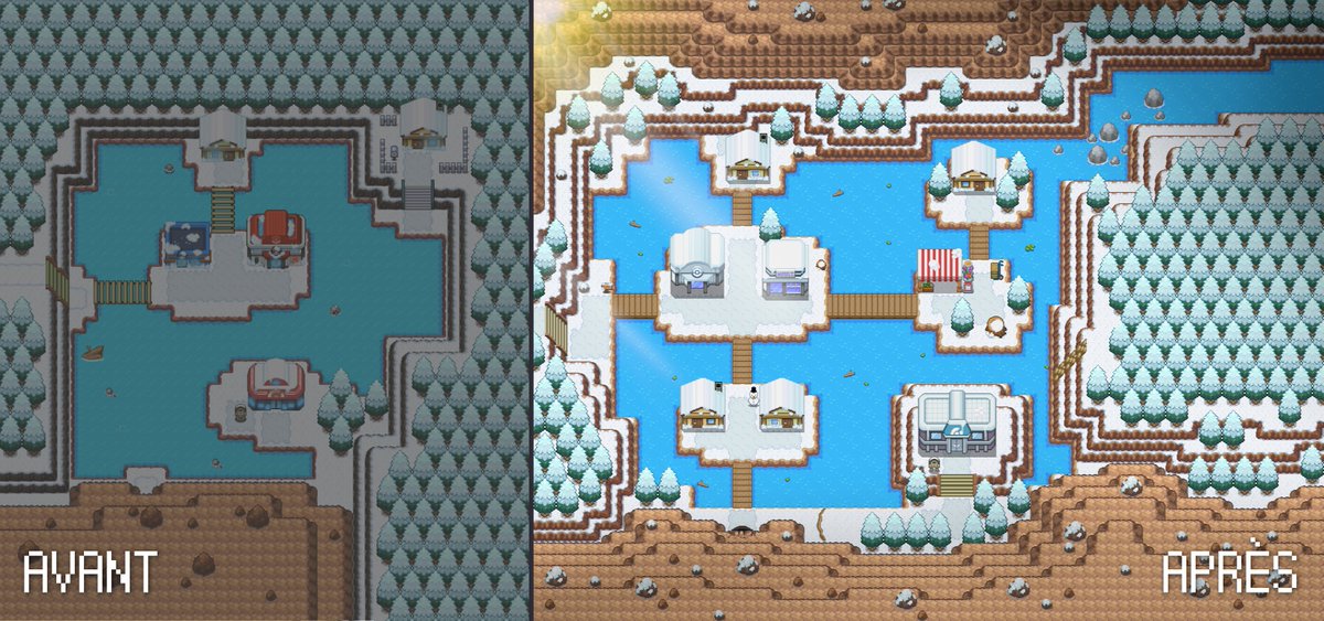 Le développement de la démo touche à sa fin ! 
Merci pour votre patience et votre soutien ❤️
L’équipe termine la phase concept art : derniers fakemons &amp; formes régionales.

En attendant, voici un avant/après d’Aucéanis, ville de Goélam, championne Eau💧!

#Pokémon #Fangame #PSDK