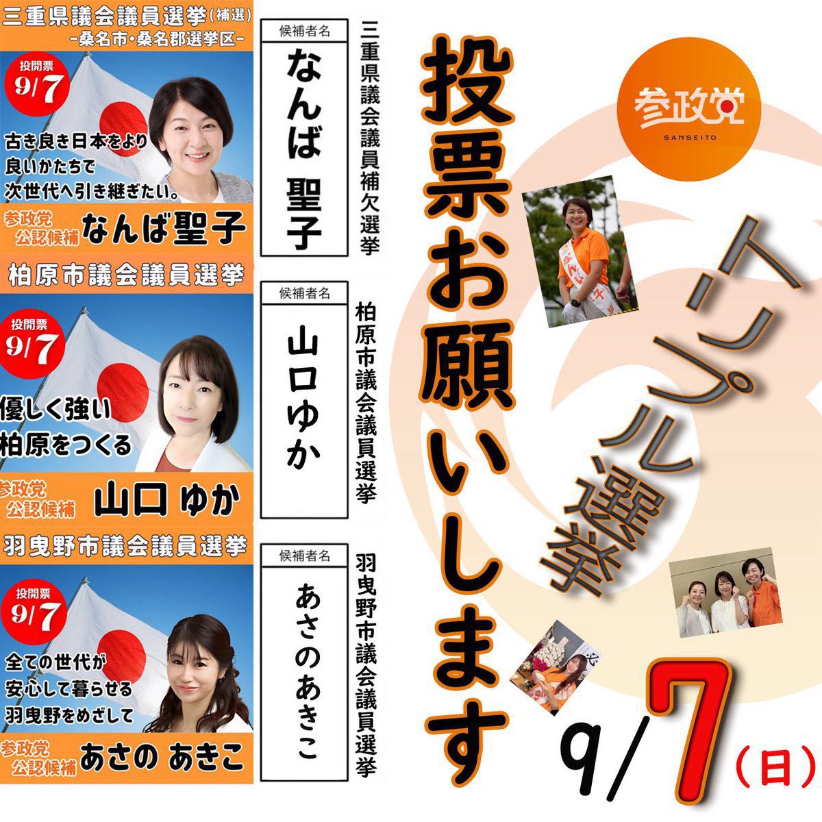 Kokoco_27's tweet image. ポチポチで応援、拡散よろしくお願いします🙇

🟠三重県議会議員補欠選挙
#なんば聖子 @seikonamba_
🟠大阪府柏原市市議会議員選挙
#山口ゆか @yamaguchi_yuka_
🟠大阪府羽曳野市議会議員選挙
#あさのあきこ @AKIKO_ASANO1