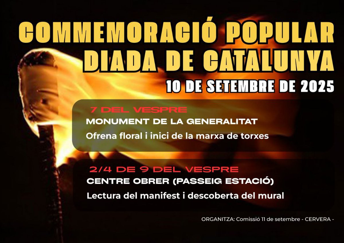 Dimecres 10-S #Cervera recupera la marxa de torxes per la vigília de la Diada. Popular i unitària! ✊️
Ens hi trobem!