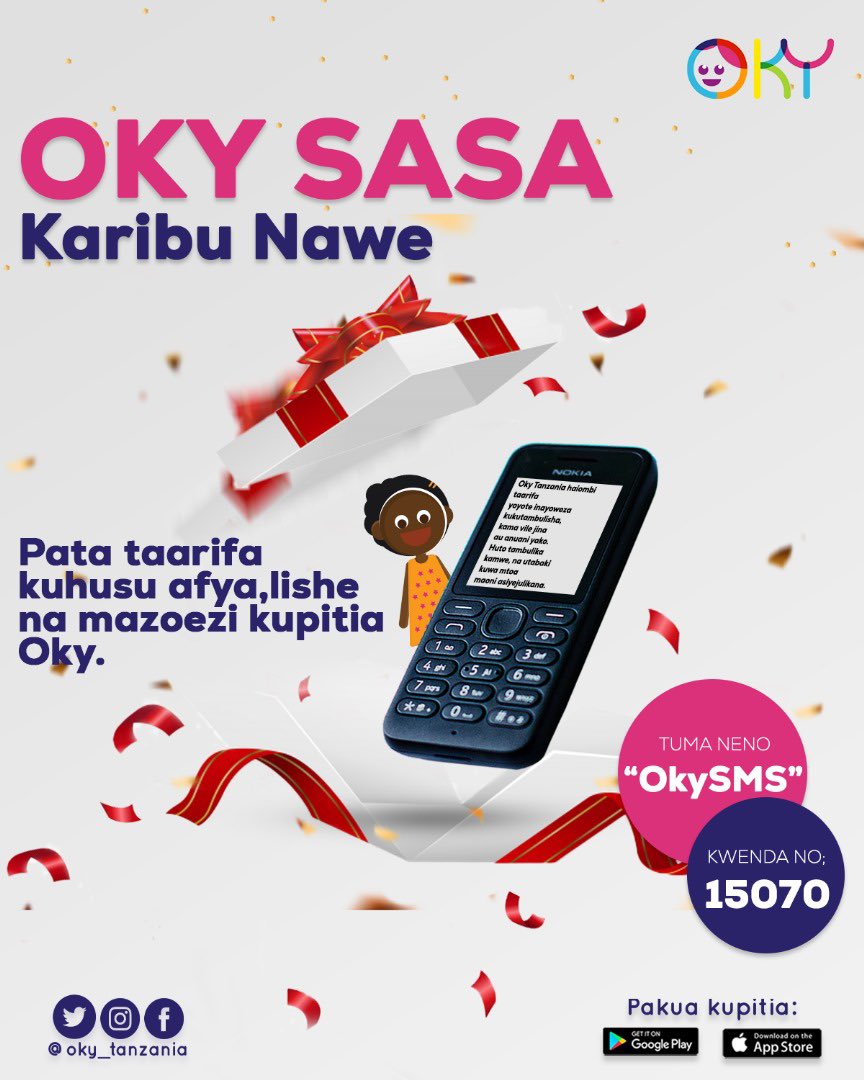 Je ,unafahamu kuwa unaweza kupata taarifa sahihi kuhusu hedhi salama kwa kutumia simu yako ya Kitochi? 

Hedhi ni murua ukiwa na Oky Tanzania 🔥

Tuma neno “OkySMS” kwenda namba 15070 

<a href="/tai_impact/">Tai</a> <a href="/UNICEFTanzania/">UNICEF Tanzania</a> @okyperiodtracker 

#okyniyabintikutokakwabinti #hedhisalama