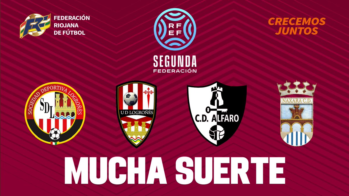 ❤️🤍💚💛⚽️ Los equipos riojanos debutan en la Segunda Federación este fin de semana. 
<a href="/SDLogrones/">SD Logroñés</a> <a href="/UDLogrones/">UD Logroñés</a> <a href="/cdalfaro/">C.D. Alfaro</a> <a href="/Naxaracd/">Náxara C.D.</a> 
🍀SUERTE🤞

#FutbolRiojano
#CrecemosJuntos