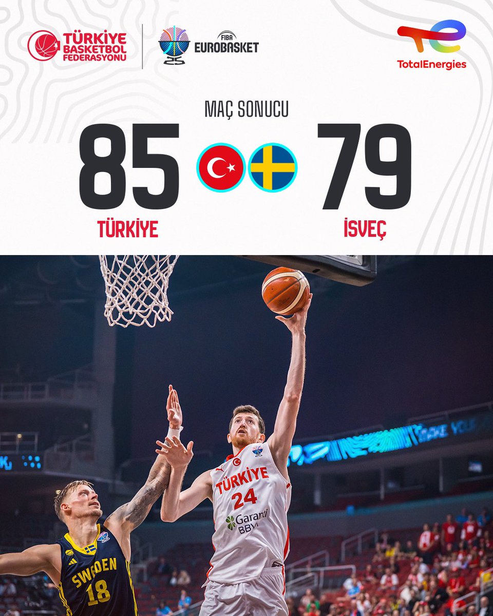 TBF (@tbf) on Twitter photo ÇEYREK FİNALDEYİZ! 🇹🇷
A Erkek Milli Takımımız, FIBA 2025 Avrupa Şampiyonası son 16 turunda İsveç'i 85-79 mağlup ederek çeyrek final biletini alıyor. 🏀
🇹🇷 Türkiye 85-79 İsveç 🇸🇪
<a href="/te_istasyonlari/">TotalEnergies İstasyonları</a>
#BuYolculukHepimizin #EuroBasket ÇEYREK FİNALDEYİZ! 🇹🇷
A Erkek Milli Takımımız, FIBA 2025 Avrupa Şampiyonası son 16 turunda İsveç'i 85-79 mağlup ederek çeyrek final biletini alıyor. 🏀
🇹🇷 Türkiye 85-79 İsveç 🇸🇪
<a href="/te_istasyonlari/">TotalEnergies İstasyonları</a>
#BuYolculukHepimizin #EuroBasket