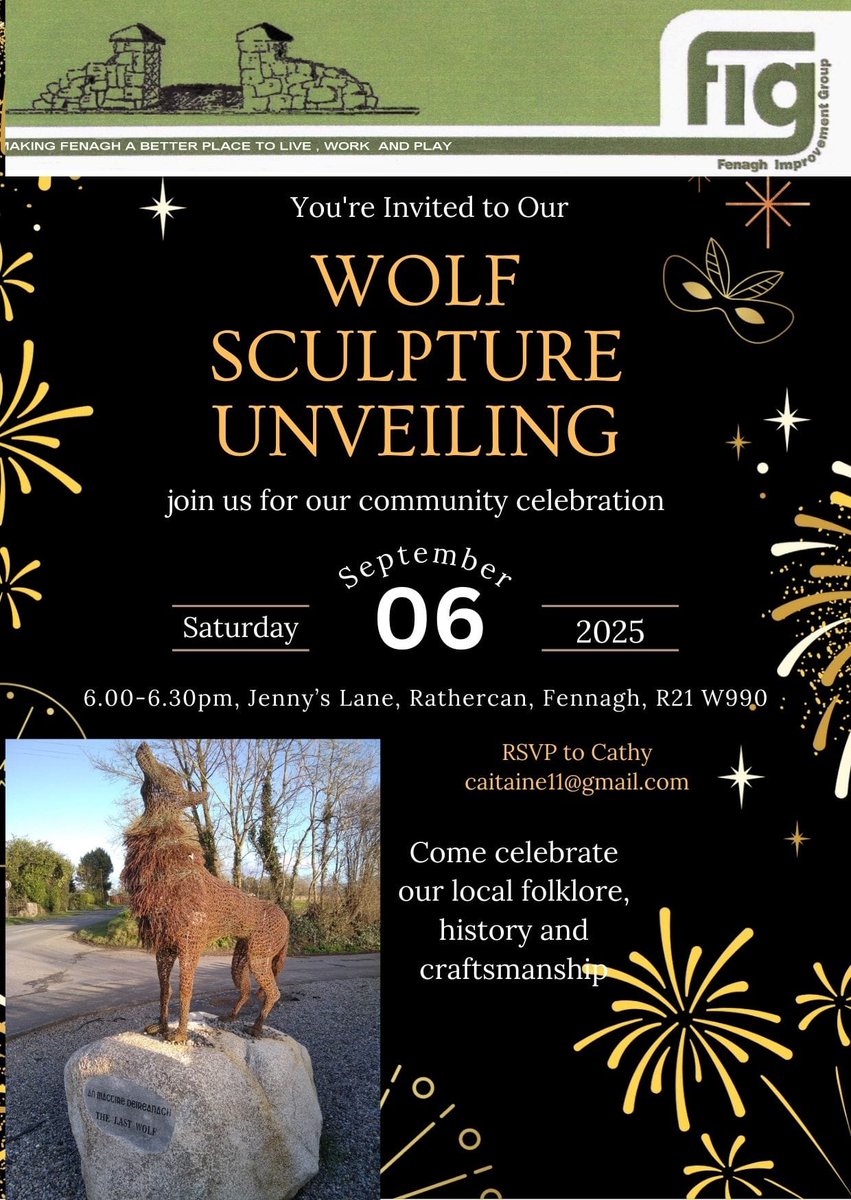 mollbennet's tweet image. FIG &amp;amp; @fenaghgfccarlow are delighted that local musicians will be performing at the official launch of The Last Wolf. Refreshments will be served in the Fennagh GFC clubhouse following the ribbon cutting &amp;amp; we want to invite all along for a community get together @Carlow_Co_Co