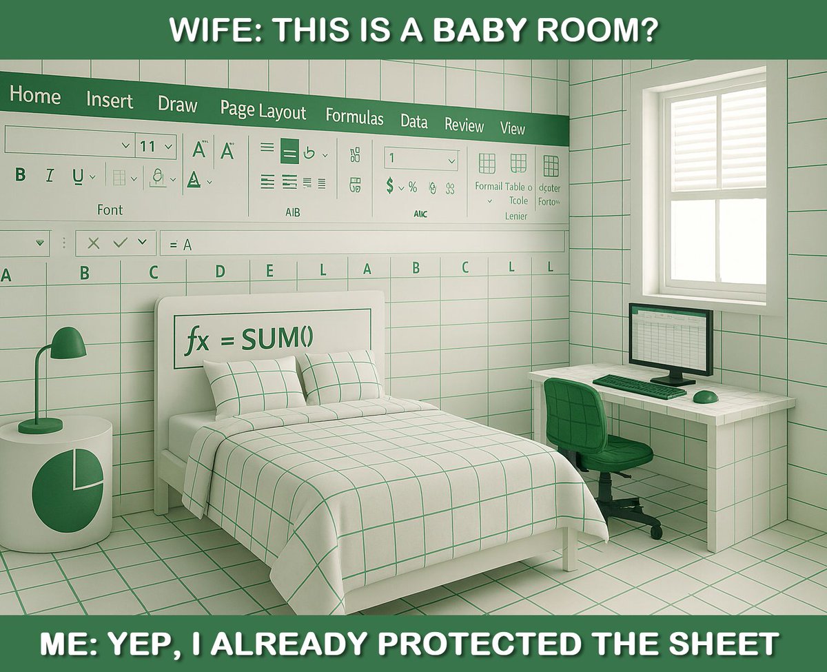 SohelRa33242866's tweet image. 👶 Some parents baby-proof the house…
📑 Excel parents sheet-protect the nursery! 😅
👉 What’s your most “Excel in real life” moment?
#ExcelHumor #Relatable #SpreadsheetLife
fiverr.com/s/NNzqkdZ