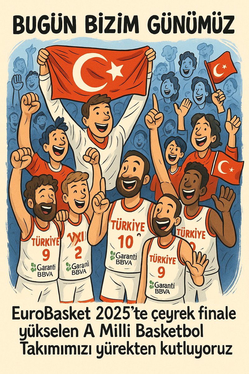 🇹🇷12 Dev Adam Çeyrek finalde. 
Bugün bizim günümüz🇹🇷
EuroBasket 2025’te çeyrek finale yükselen A Milli Basketbol Takımımızı yürekten kutluyoruz
