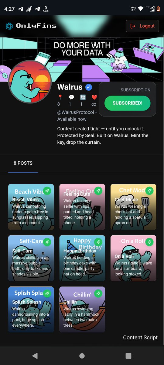 Rahul Sharma (Ø,G) 🦙🔥 (@rahulsh27386865) on Twitter photo 🦭 <a href="/WalrusProtocol/">Walrus 🦭/acc</a> x SEAL 🔑 Unlock the Sealed.
Walrus brings sealed & protected content—only accessible with your wallet.
Exclusive drops, private content, all encrypted.
✨ Why it’s different?
• Special activity via Slush wallet
• Native on Sui chain
• Secured by SEAL, 🦭 <a href="/WalrusProtocol/">Walrus 🦭/acc</a> x SEAL 🔑 Unlock the Sealed.
Walrus brings sealed & protected content—only accessible with your wallet.
Exclusive drops, private content, all encrypted.
✨ Why it’s different?
• Special activity via Slush wallet
• Native on Sui chain
• Secured by SEAL,