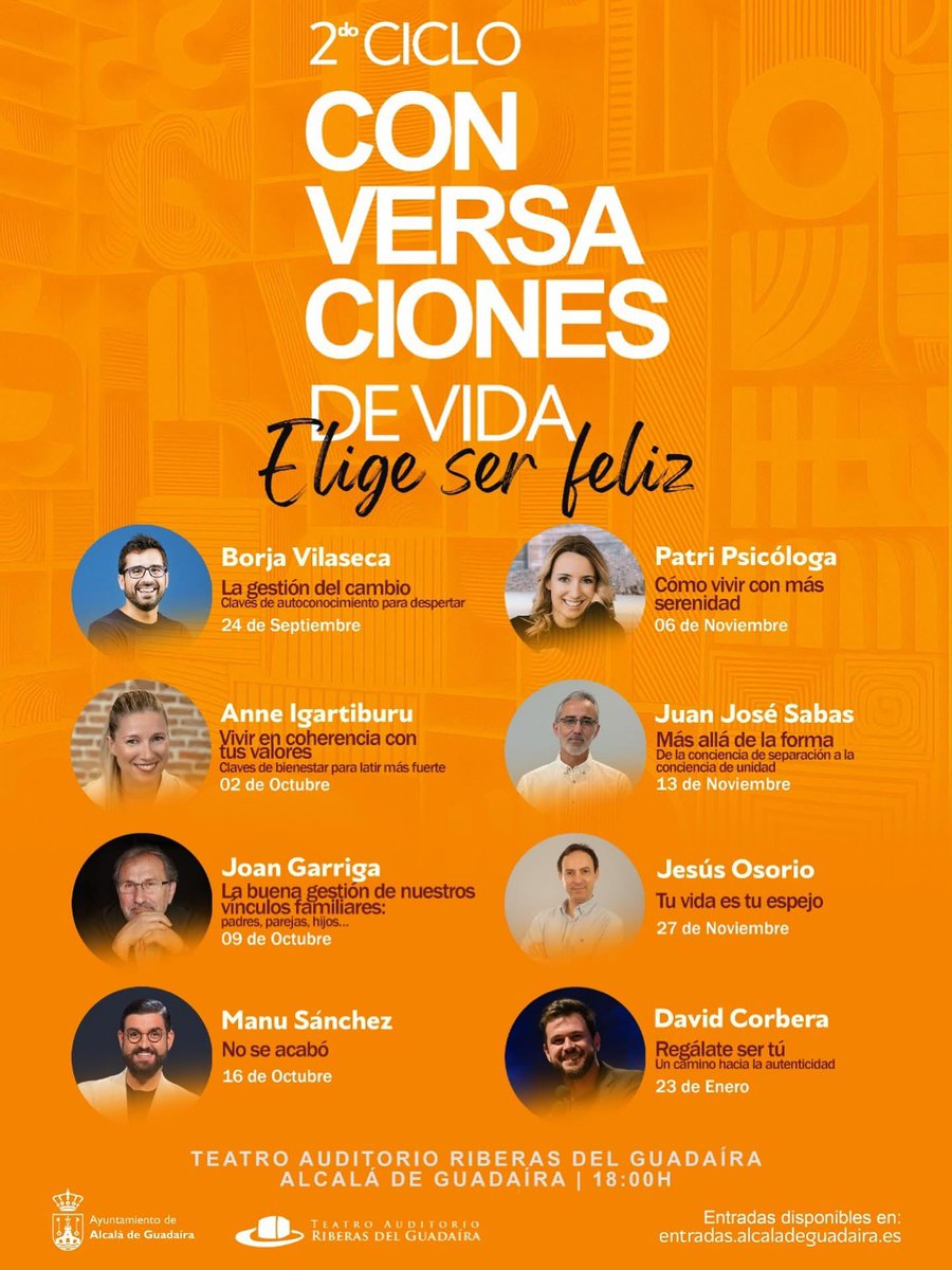 🗣️Vuelve el ciclo de charlas motivacionales “Conversaciones de vida”💭

Desde Alcalá queremos ayudar a construir una sociedad más sana, más formada y con mejor conocimiento de sus capacidades.

Las entradas para la primera sesión a cargo de Borja Vilaseca:
entradas.alcaladeguadaira.es/es/recintos