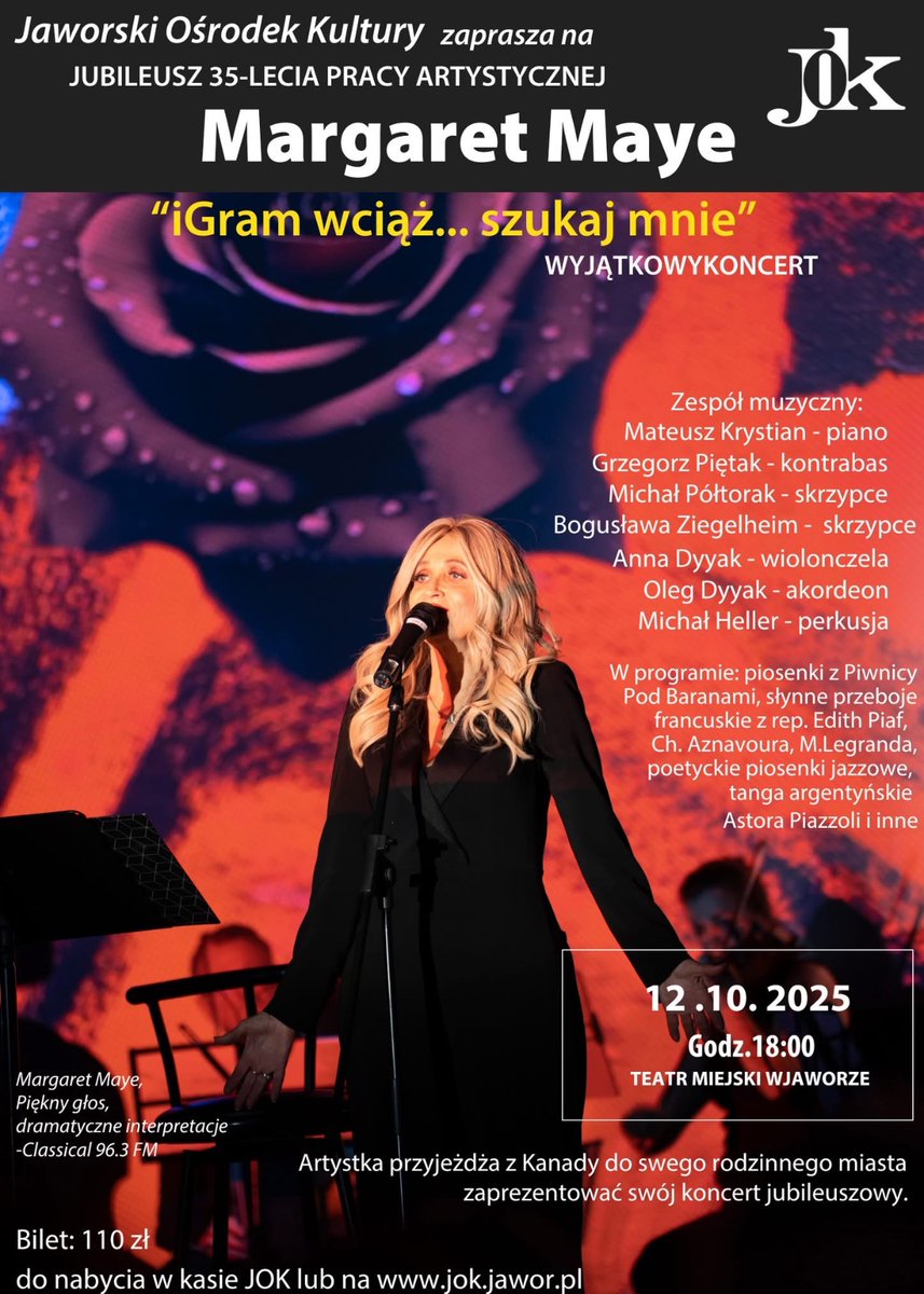 GaryNeumann1's tweet photo. Margaret Maye live in Jawor — “I’m Still Playing… Find Me” 🎭
French classics, jazz &amp; Piazzolla tangos with cinematic passion.

📅 Oct 12, 2025 | 📍 Teatr Miejski, Jawor

#MargaretMaye #Concert #LiveMusic #Jazz #Tango #Jawor #PolandEvents https://t.co/oB8OFUrkEY