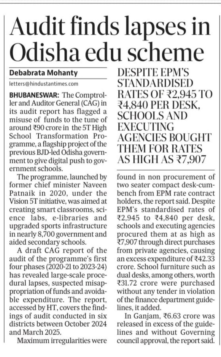 OdishaBasii's tweet photo. CAG nails Naveen–Pandian’s 5T bluff!
₹90 Cr blown on inflated furniture bills &amp; tender violations.
Education robbed, students betrayed.
#BJD5TScam #Corrupt5T https://t.co/SvPpk94EP3
