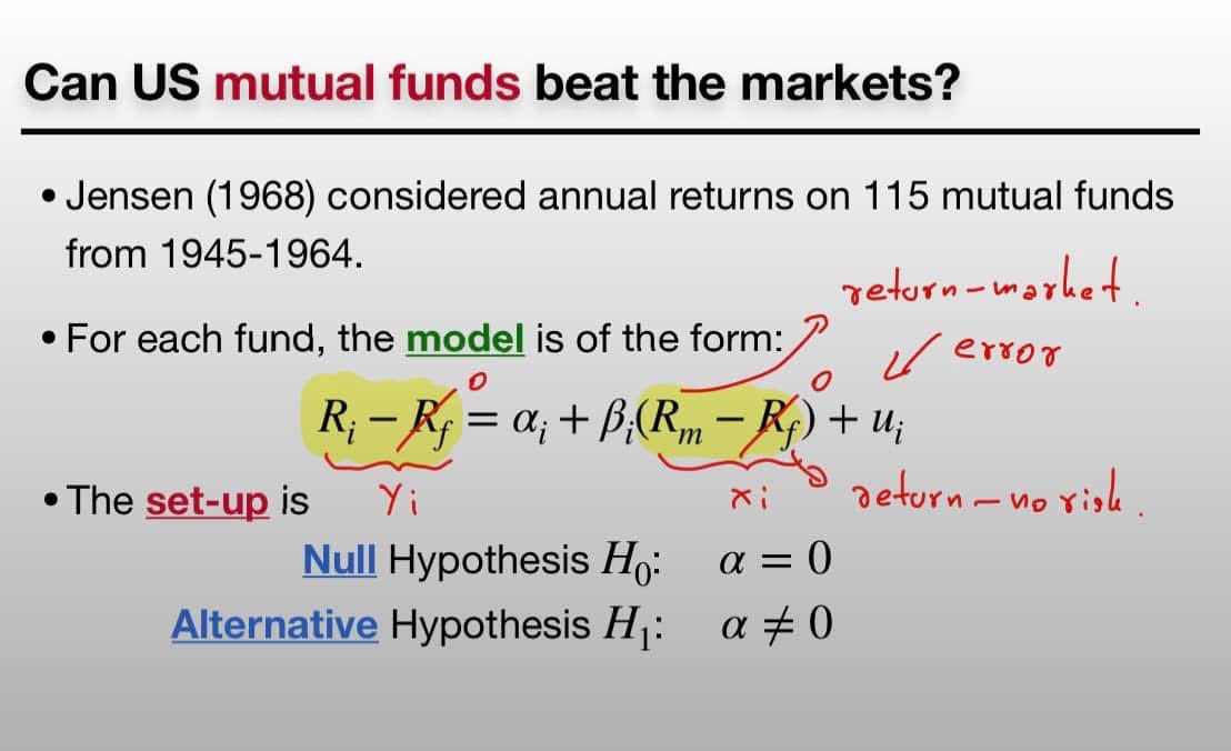 🔥 เราจะรู้ได้อย่างไรว่ากลยุทธ์ไหนสามารถเอาชนะตลาดได้อย่างมีนัยยะสำคัญในเชิงสถิติ ไม่ใช่แค่ฟลุค?

📌 ปกติเวลาเราอยากรู้ว่า กองทุนไหน สามารถเอาชนะตลาดหรือ benchmark ได้หรือไม่ วิธีง่ายๆ คือการทำ regression และ hypothesis testing

อย่างเช่นในรูป Ri คือผลตอบแทนของกองทุน ในขณะที่ Rm