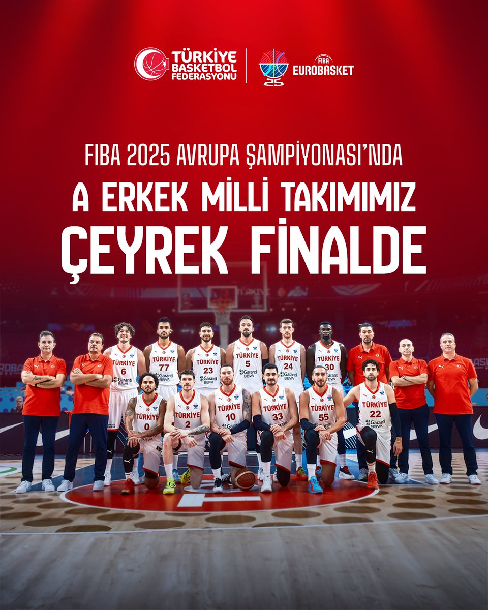 A ERKEK MİLLİ TAKIMIMIZ ÇEYREK FİNALDE! 🇹🇷

FIBA 2025 Avrupa Şampiyonası son 16 turundan galip ayrılan A Erkek Milli Takımımız çeyrek finale yükseliyor! 

#BuYolculukHepimizin #EuroBasket