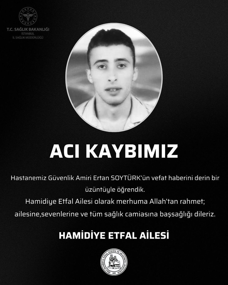 Hastanemiz Güvenlik Amiri Ertan SOYTÜRK’ün vefat haberini derin bir üzüntüyle öğrendik.
Hamidiye Etfal Ailesi olarak merhuma Allah’tan rahmet; ailesine, sevenlerine ve tüm sağlık camiasına başsağlığı dileriz.
