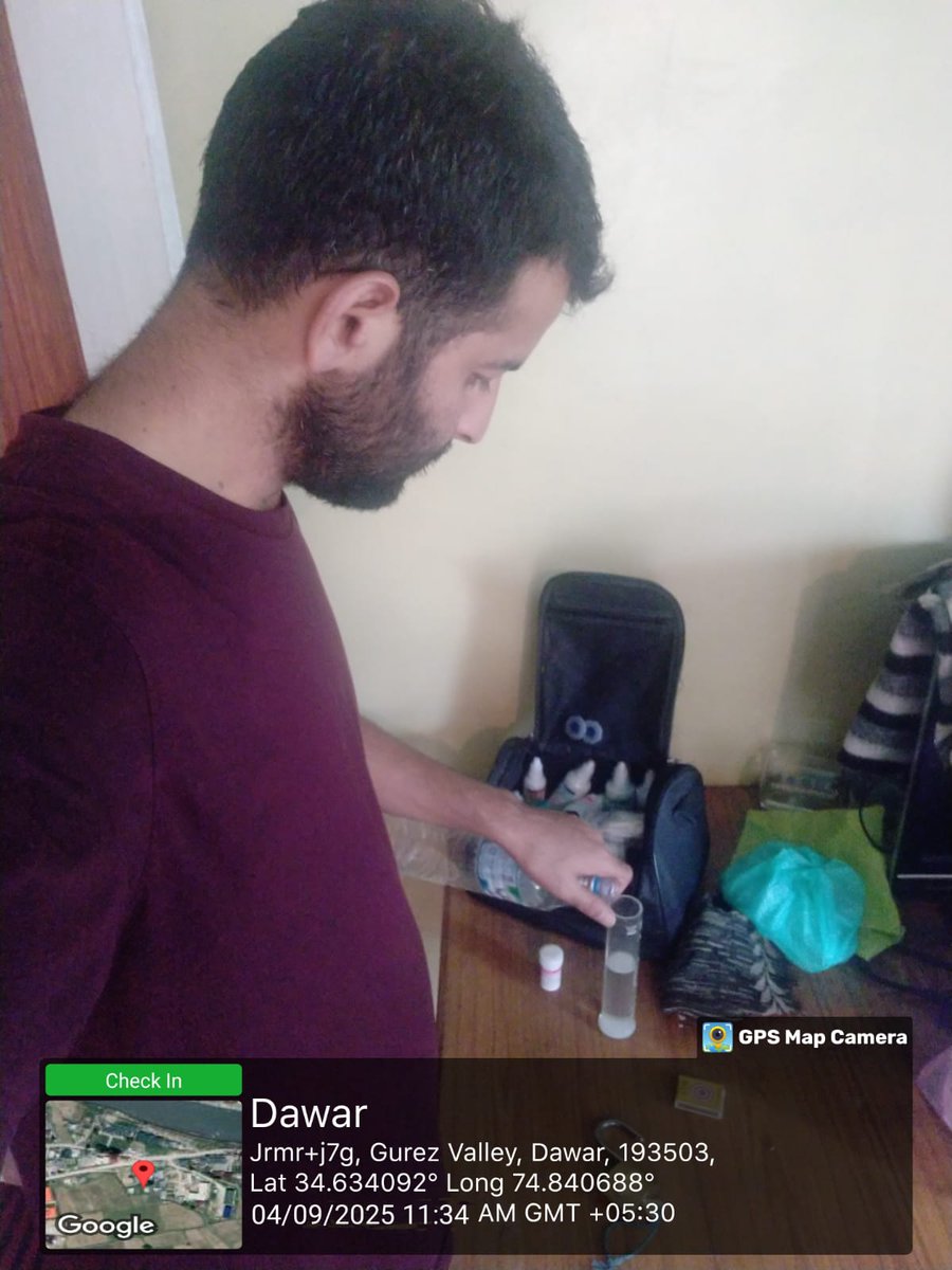 "Comprehensive testing of water  at various locations was conducted by SD Lab Gurez to ensure safe &amp; quality drinking water for the public".
#JJM
#Waterforall.