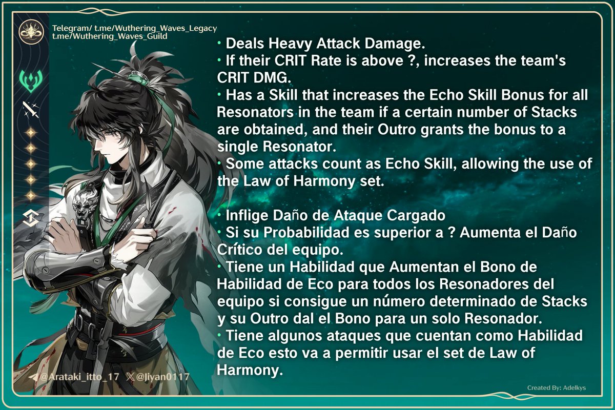 Qiuyuan Kit Summary

Resumen del Kit de Qiuyuan

Follow Me: t.me/Wuthering_Wave…

#WutheringWaves #ユーノ #Iuno #Wutherig_waves #鳴潮 #Augusta #Lupa #弗洛洛 #Phrolova #オーガスタ #Galbrena #Qiuyuan