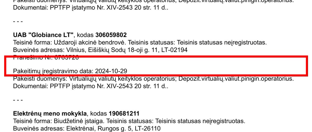 Frankixdc's tweet image. Globiance LT – once a registered VASP in Lithuania.
Today the official register shows: status not registered.
Compliance is not a memory – it must be present.
#Globiance #XDC #VASP #Accountability