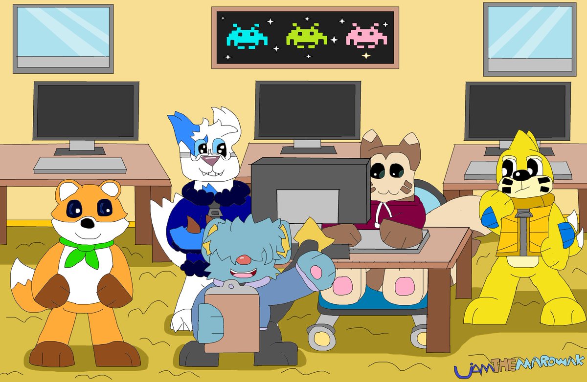LiamTheMarowak's tweet photo. Tony, Stanley, Roger and James are learning to code the game for Waffle. #zangoose #pokemon #shinx #fanart #buizel #nintendoart #furret #gaming #waffle #fox #pokesonaoc #animal #pokemonfanart #computer #desktop #highschool #school #gamemaking #shiny #spaceinvader #nintendofanart https://t.co/0dXBKbNx5Q
