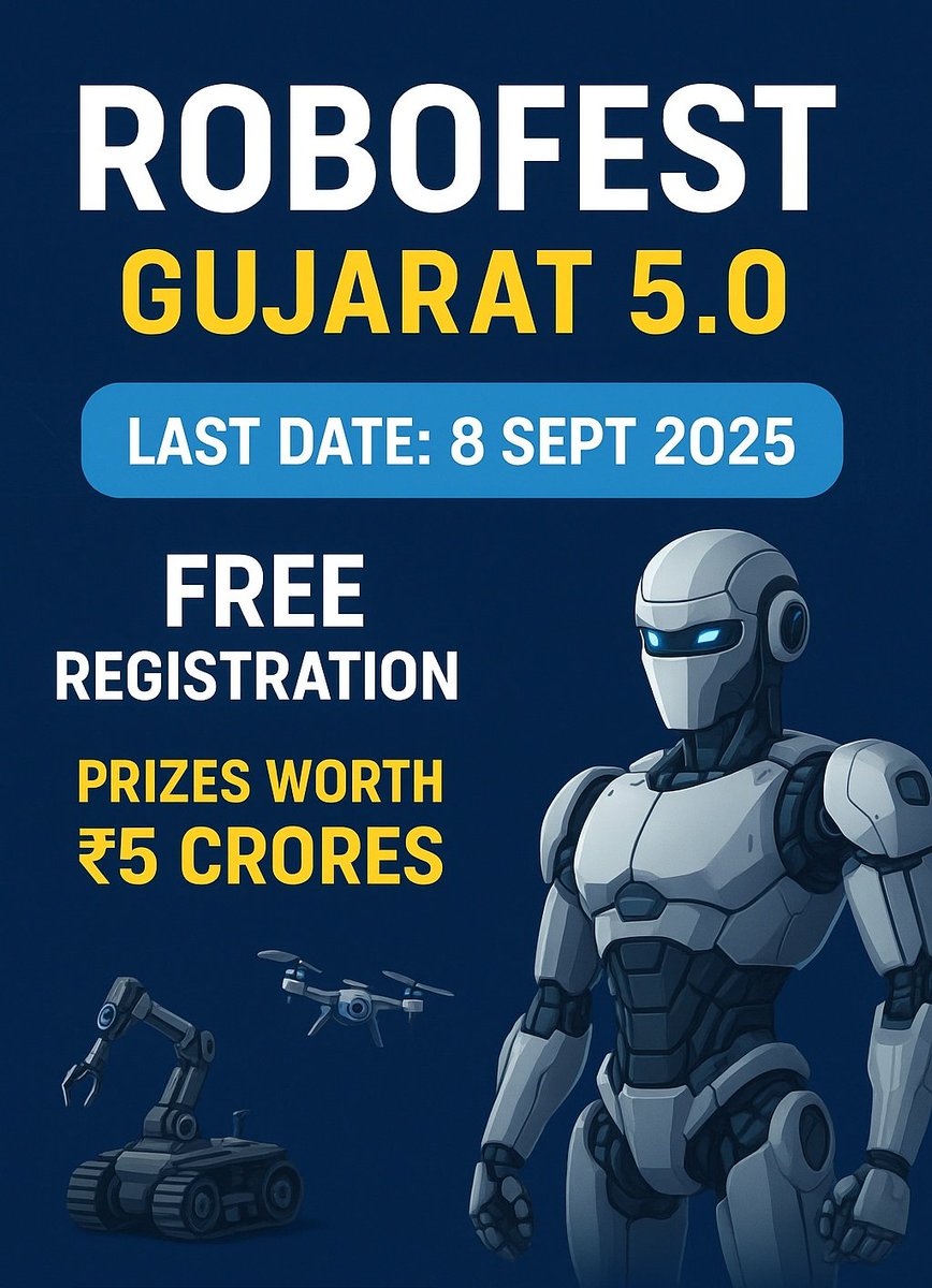 IPLab_Rajkot's tweet image. Don’t miss the #LastChance to #register in #ROBOFEST #Gujarat 5.0 - #India&apos;s biggest #Robotics competition by @InfoGujcost!

India&apos;s young minds from Class 9 to UG will #Build, #Innovate &amp;amp; #Compete &amp;amp; #Patent their unique #Robots for #Prizes worth ₹5 Cr

#RegisterNow before #Sep8