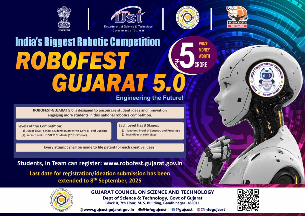 IPLab_Rajkot's tweet image. Don’t miss the #LastChance to #register in #ROBOFEST #Gujarat 5.0 - #India&apos;s biggest #Robotics competition by @InfoGujcost!

India&apos;s young minds from Class 9 to UG will #Build, #Innovate &amp;amp; #Compete &amp;amp; #Patent their unique #Robots for #Prizes worth ₹5 Cr

#RegisterNow before #Sep8