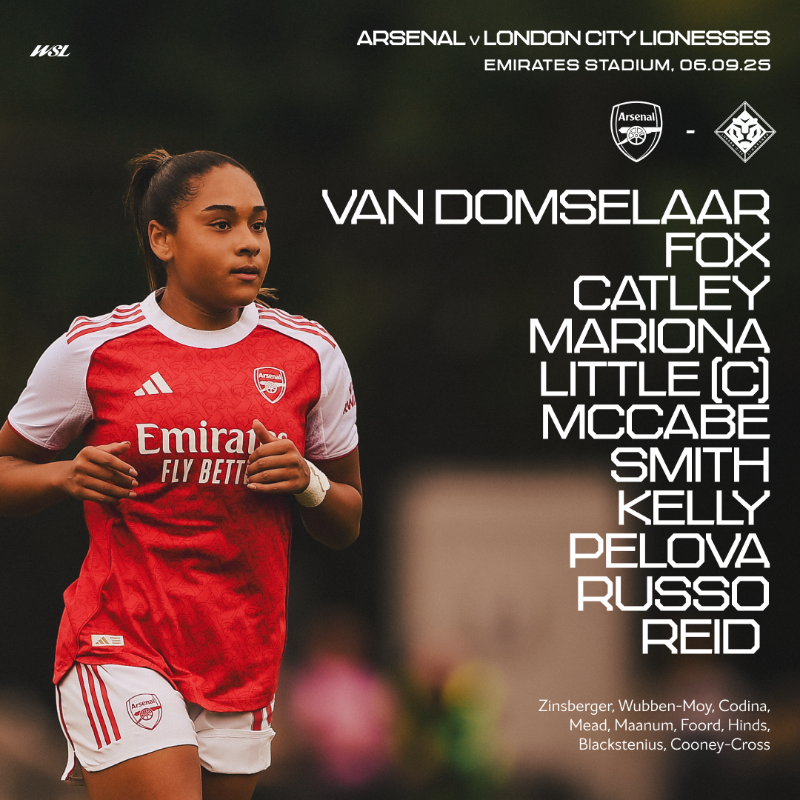ArsenalWFC's tweet photo. 🔴 𝗧𝗘𝗔𝗠𝙉𝙀𝙒𝙎 ⚪️

🧤 van Domselaar between the sticks
❤️ An Arsenal debut for Smith
🫡 Little captains the side

COME ON YOU GUNNERS 👊