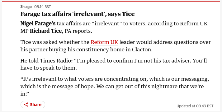 ahmerwadee's tweet photo. Tice claims Farage's tax affairs are "irrelevant".

So therefore it's time for deep scrutiny of Farage's tax affairs... https://t.co/n5vXLyj9EC