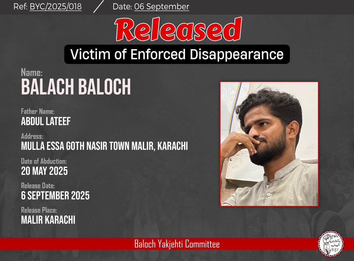 BalochYakjehtiC's tweet image. 𝗥𝗘𝗟𝗘𝗔𝗦𝗘𝗗- 𝗩𝗶𝗰𝘁𝗶𝗺 𝗼𝗳 𝗘𝗻𝗳𝗼𝗿𝗰𝗲𝗱 𝗗𝗶𝘀𝗮𝗽𝗽𝗲𝗮𝗿𝗮𝗻𝗰𝗲

#EndEnforcedDisappearances
#StopBalochGenocide