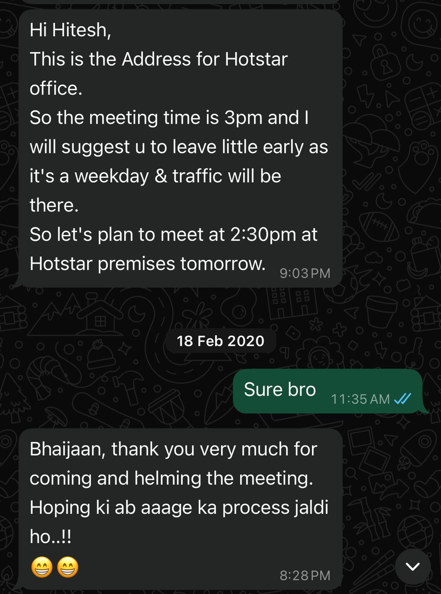 WhatsApp conversation about Hotstar meeting in February 2020