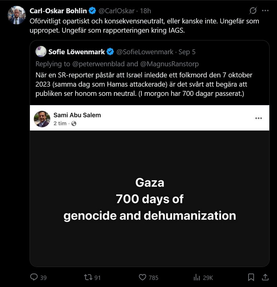 Det är sorgligt att se hur en svensk minister, med ett överdrivet språkbruk han inte behärskar och som blir komiskt i sig, dag efter dag misstänkliggör dem som gör sitt jobb i skuggan av Israels folkmord – oavsett om det handlar om journalister eller folkmordsforskare.